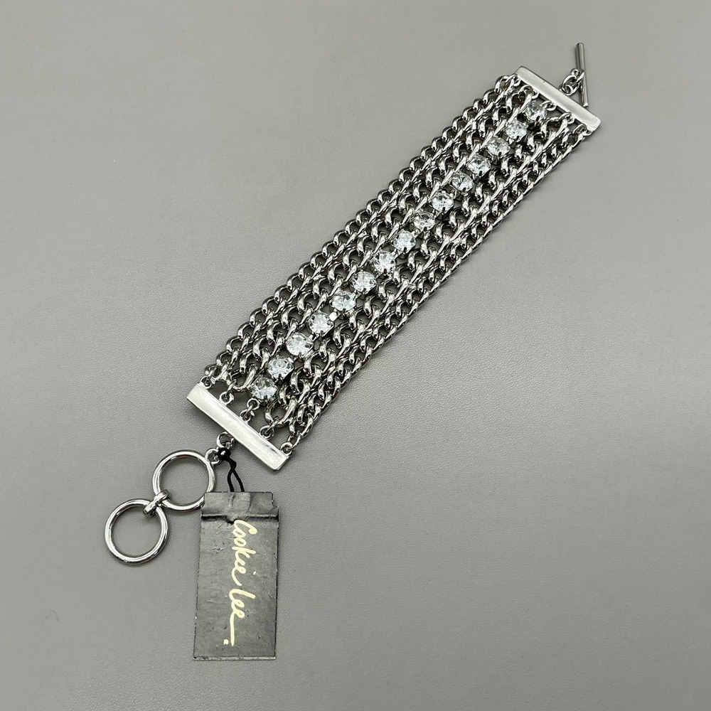 Cookie Lee Bracelet Women Silver Multi Chain Rhinestone Toggle Cuff Jewelry